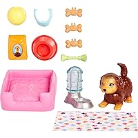 Barbie Pets and Accessories, Interactive Wagging & Nodding Puppy Playset with Pet Bed, 11 Total Animal-Themed Pieces