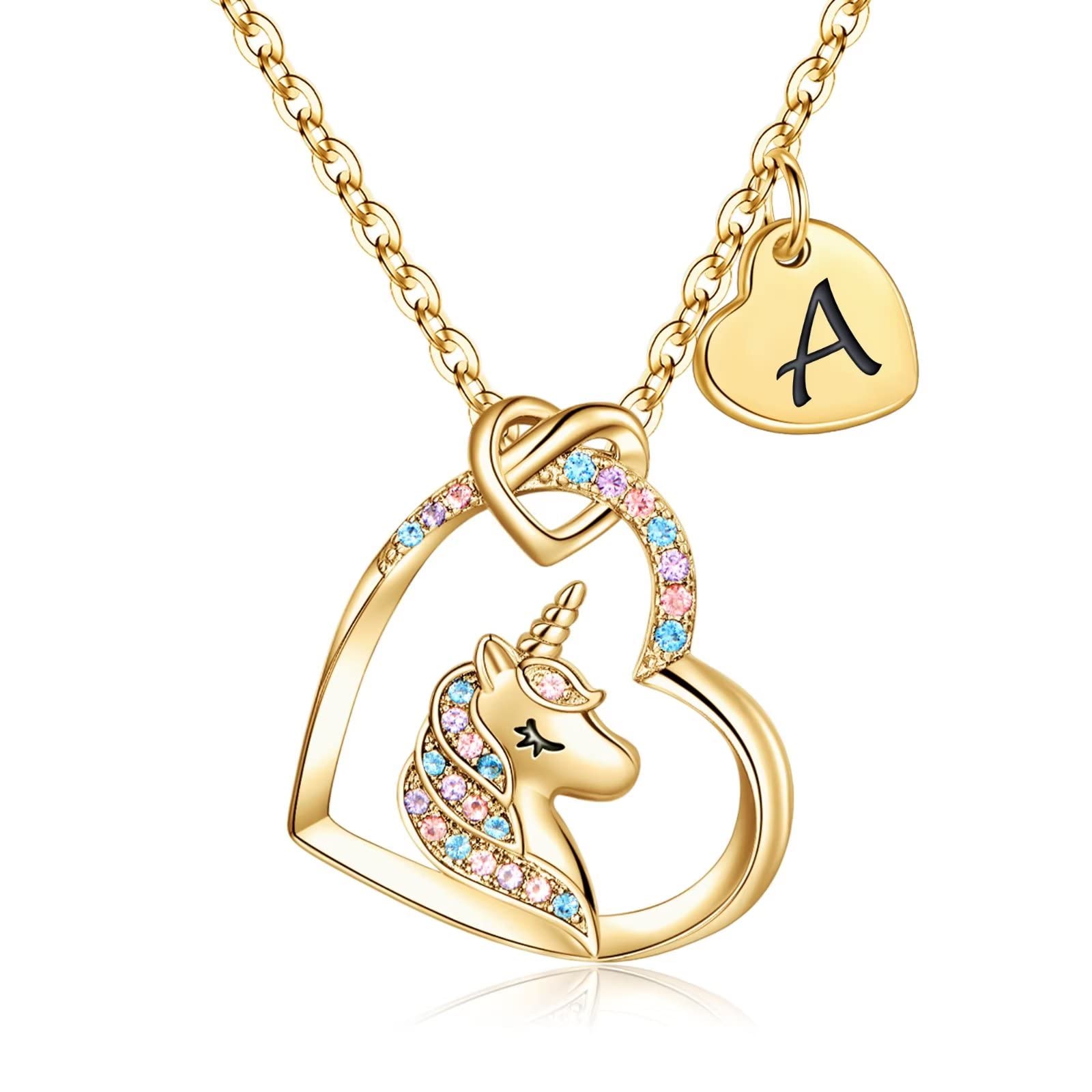 Hidepoo Unicorns Gifts for Girls - 14K Gold/White Gold/Rose Gold Plated Colorful CZ Heart Pendant Unicorn Necklaces for Girls Jewelry Initial Unicorn Necklace Birthday Gifts Unicorn Gifts for Girls