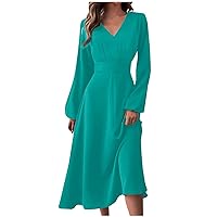 Fall Dresses 2023 Women Fashion Winter Maxi Dress Long Sleeve Dress V-Neck Empire Waist Long Formal Dress