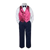 4pc Baby Toddler Kid Boys Burgundy Vest Navy Blue Pants Bow Tie Suits Set S-7 (Small:(0-6 months))