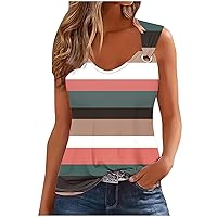 Women's Striped Color Block Tank Tops Summer V Neck O Ring Shoulder Cami Top Casual Sleeveless Baggy Comfy T-Shirt