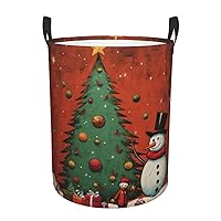 snowman Christmas Tree Round waterproof laundry basket,foldable storage basket,laundry Hampers with handle,suitable toy storage