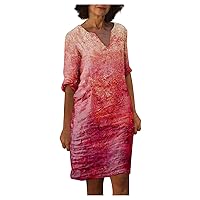 Shirt Dresses for Women 3/4 Sleeve V Neck Oversized Vintage Floral Print Casual Tunic Dress Tunic Dress for Ladies