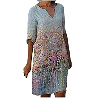 Womens Plus Size Dresses, 3/4 Sleeve Summer Cotton Linen V Neck Elegant Dress, 2024 Trendy Floral Print Cute Boho