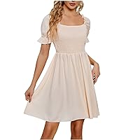 Women Frill Trim Puff Short Sleeve Flowy A-Line Dress Summer Square Neck Smocked Casual Pleated Solid Mini Dresses