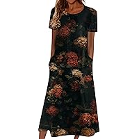 Summer Dress Women Retro Bohemian A-Line Dress Round Neck Short Sleeve High Waist Flowy Sunflower Print Sundress