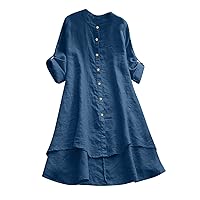 Linen Shirts Dress for Women Plus Size 3/4 Sleeve Plain Dresses Casual Loose Round Neck 2024 Summer Buttons Dress