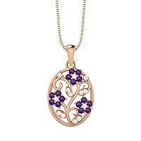925 Sterling Silver Filigree Floral Natural Round Cut Purple Amethyst & White Topaz Teardrop Charm Pendant Chain Necklace