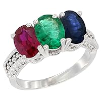 14K White Gold Enhanced Ruby, Natural Emerald & Blue Sapphire Ring 3-Stone Oval 7x5 mm, sizes 5 - 10