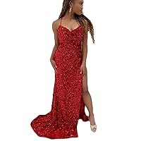 The Peachess Spaghetti Straps Sparkle Sequins Mermaid Long Prom Homecoming Dresses 2022 Glitter Evening Party Gown