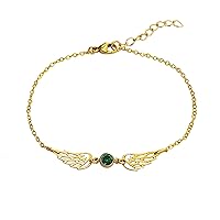 Birthstone Angel Wing Bracelet, Gold Filled Waterproof, Dainty Gift for Loss of Loved One (emerald)