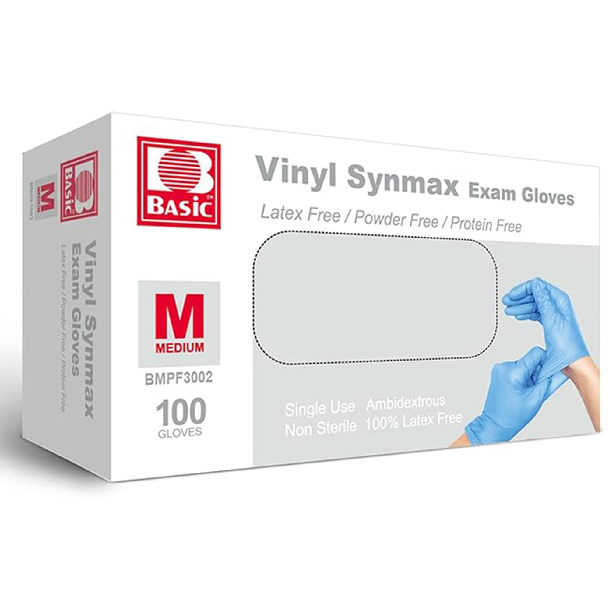 Jointown Basic Medical Synmax Vinyl Exam Gloves - Latex-Free & Powder-Free - Medium, BMPF-3002 Blue Box of 100