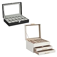 SONGMICS 3-Layer Jewelry Box and 12-Slot Watch Box Bundle, Jewelry Organizer with Glass Lid, for Big and Small Jewelry, Removable Watch Pillows, Cloud White and Ink Black UJBC239WT and UJWB12BK