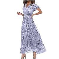 Elegant Floral Print A-Line Dress Women's Boho Summer Short Sleeve V Neck Beach Dress High Waist Swing Maxi Dresses