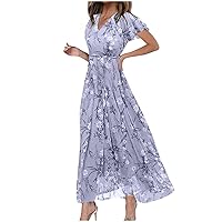 Women's Summer Short Sleeve Flowy Floral Midi Dress Holiday Vacation Casual Loose Fit Back Zipper Sundress