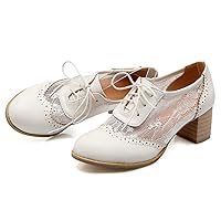 Women's Vintage Lace Up Pump Oxfords Brogues Wingtip Perforated Chunky Block Mid Heels Dressy Shoes