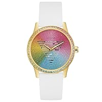 GUESS Ladies 40mm Watch - White Strap Rainbow Dial Gold Tone Case
