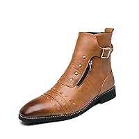 Men's Leather Motorcycle Ankle Boots Side Zipper Dress Casual Riding Rock Plain Toe Studded Men Boots
