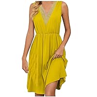 Womens Guipure Lace V Neck Sundress Summer Sleeveless High Waist Tank Dress Casual Loose Fit A-Line Beach Dresses
