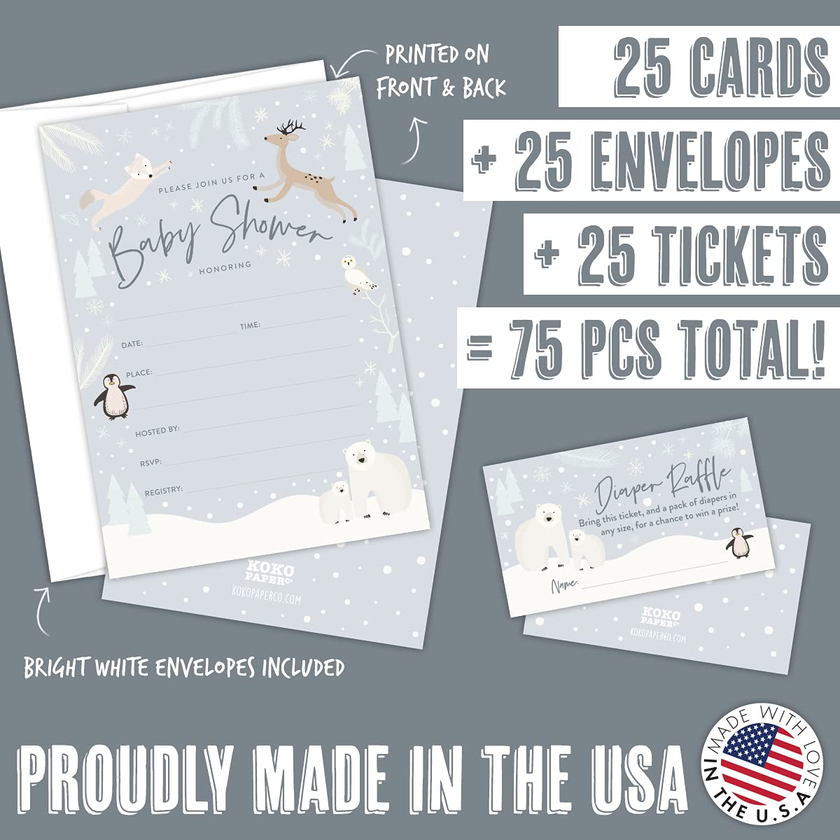 Koko Paper Co Snowy Winter Wonderland Baby Shower Invitations and Diaper Raffle Tickets | 25 Fill-in Invitations, 25 Bright White Envelopes and 25 Diaper Raffle Tickets | 75 pcs Total | Printed on Heavy Card Stock.