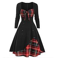 Womens Plaid Dresses Vintage Patchwork Long Sleeve Casual Sweetheart Dress