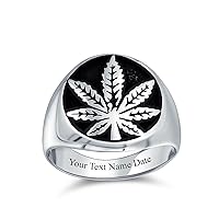 Personalized Unisex Cannabis Weed Jewelry Marijuana Leaf Medallion Flat Round Signet Marijuana Leaf Ring Western Jewelry For Men Oxidized .925 Sterling Silver Handmade In Turkey Customizable