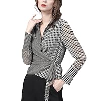 Womens Chiffon Plaid Shirt Spring Long Sleeve Turn-Down Collar Crossed Lace-Up Tops Casual Office Female Blouse