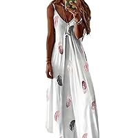 Women's Sleeveless V-Neck Spaghetti Strap Maxi Dress Feather Print White XXL