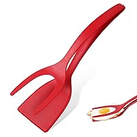 2 in 1 Egg Spatula, Anti-Stick Nylon Fried Egg Turners Grip 2 in 1 Spatula and Tongs for Cooking, Flipping Spatula Tongs Grill Clamp Flipper 2 in 1 Shovel Kitchen Tool for Toast Pie (Red)