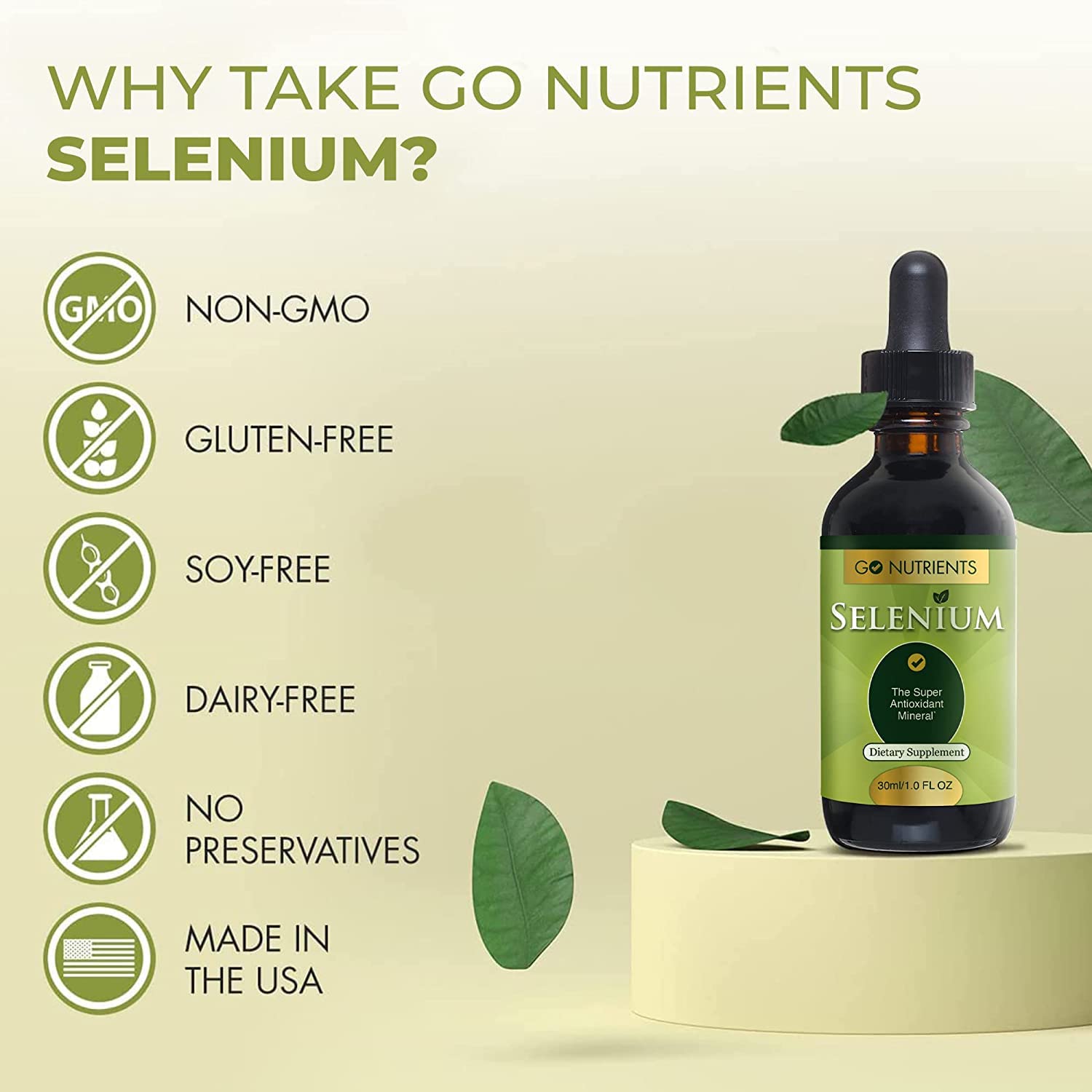 Go Nutrients Selenium 1 oz Liquid Drops, 60 mL - Supports Thyroid Function, Energy, and Metabolism