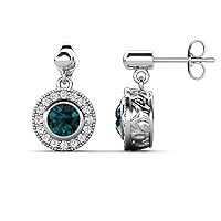 Round London Blue Topaz & Natural Diamond 1.62 ctw Halo Drop and Dangle Earrings 14K Gold