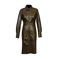 Women Ruched Front Leather Shirt Midi Dress Grips Long Sleeve Ladies Fringing Dress