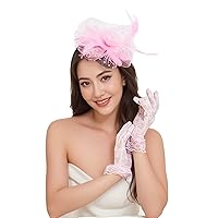 Women's 2PC Fascinator and Lace Glove Wedding Tea Party Kentucky Derby Mesh Flower Feather Fascinators with Headband and Clip Pink