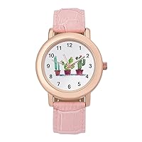 Watercolor Cactus Womens Watch Round Printed Dial Pink Leather Band Fashion Wrist Watches
