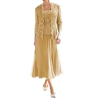 Women's Mother of The Bride Dresses Tea Length with Jackets for Wedding Chiffon Lace Formal Evening Dress