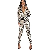 Women's 2 PCS Snake Skin Printed Jackets Bodycon Pants Sexy Nightclub Party Tracksuit Outfits Set