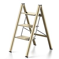 3 Step Ladder Aluminum Lightweight Folding Step Stool Wide Anti-Slip Pedal 330 Lbs Capacity Household Office Portable Stepladder,Champagne Gold