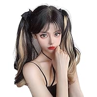 2 PCS Pig Tails Extension 40cm Cutey Mildly Wavy Highlights Blonde Pony Tail Natural Snythetic Hairpiece (Black)