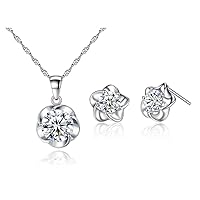 White Gold Plated Plum-Flower Necklace+Stud Earring Set