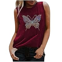Women's Summer Tank Tops Fashion Rhinestone Butterfly Print Tee Shirt Casual Crewneck Sleeve Tunic Loose Fit Blouse
