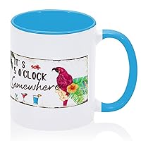 It's Five O'clock Somewhere' Coffee Mug Tea Cup 11oz Parrot Flowers Beach Flamingo Cute Coffee Cup Retirement Gifts for Women Ceramic Blue