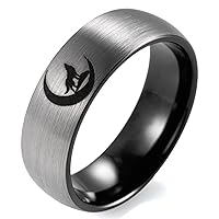 Men's 8mm Domed Satin Finish Tungsten Ring Black Inner with Engraved Wolf and the Moon