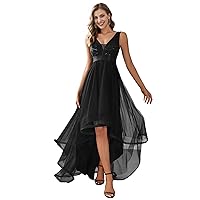ALISA PAN Women's Sleeveless V-Neck Evening Dress Appliques Tulle High Low Bridesmaid Dresses 00793-AS