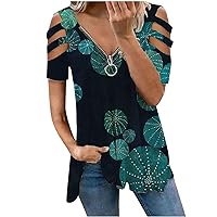 Women's Short Sleeve Cut Out Cold Shoulder Tops Zipper Deep V Neck T Shirts Casual Color Block Print Ruffle Tunic Top
