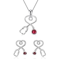 AOBOCO Sterling Silver Stethoscope Jewelry Nurse Necklace and Earrings Set with Simulated Ruby Birthstone Crystals from Austria, Medical Student RN Registered Nurse Gifts for Women