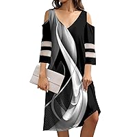 Elegant Formal 3/4 Sleeve Plus Size Midi Dress Sexy Off Shoulder Knee Length Dress Casual Trendy Floral Flowy Dress