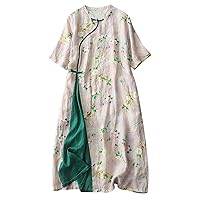 Women Chinese Wrap Style Floral Print Tunic Dress Cotton Linen Summer Short Sleeve Crewneck Elegant Swing Dresses