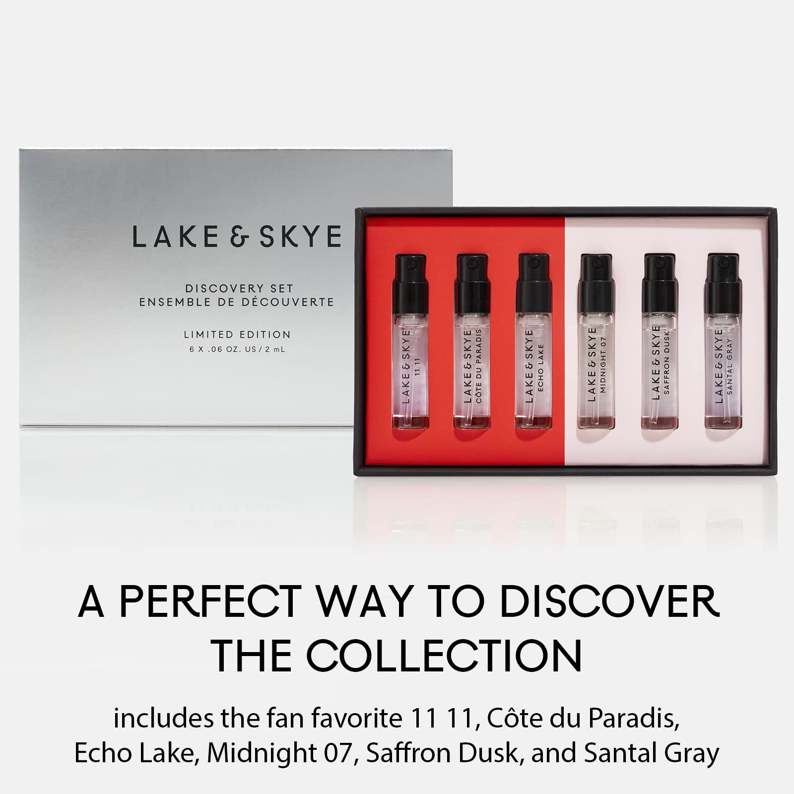 Lake & Skye 6 Piece Eau de Parfum Discovery Set 3.0 - Includes 11 11, Midnight 07, Cote du Pardis, Saffron Dusk, Echo Lake, & Santal Gray - 0.06 fl oz ea (2ml ea)