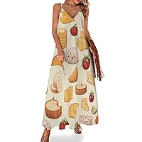 Cheese Women's Maxi Dress Casual V Neck Boho Sleeveless Beach Long Sundress Summer