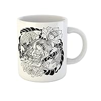Coffee Mug Japanese Demon Mask and Carp Fish Tattoo Oni Chrysanthemum 11 Oz Ceramic Tea Cup Mugs Best Gift Or Souvenir For Family Friends Coworkers